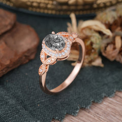 1 Carat Oval Cut Black Rutilated Quartz Halo Ring Anniversary Bead Edge Unique Leaf Ring