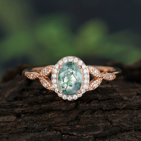 1 Carat Oval Cut Moss Agate Halo Ring Anniversary Bead Edge Unique Leaf Ring 1500