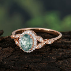 1 Carat Oval Cut Moss Agate Halo Ring Anniversary Bead Edge Unique Leaf Ring