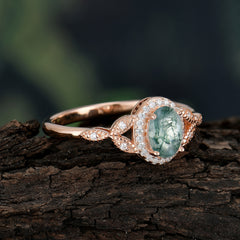 1 Carat Oval Cut Moss Agate Halo Ring Anniversary Bead Edge Unique Leaf Ring