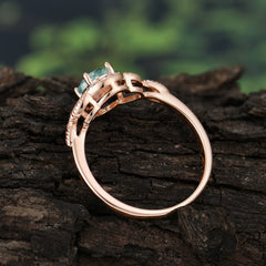 1 Carat Oval Cut Moss Agate Halo Ring Anniversary Bead Edge Unique Leaf Ring