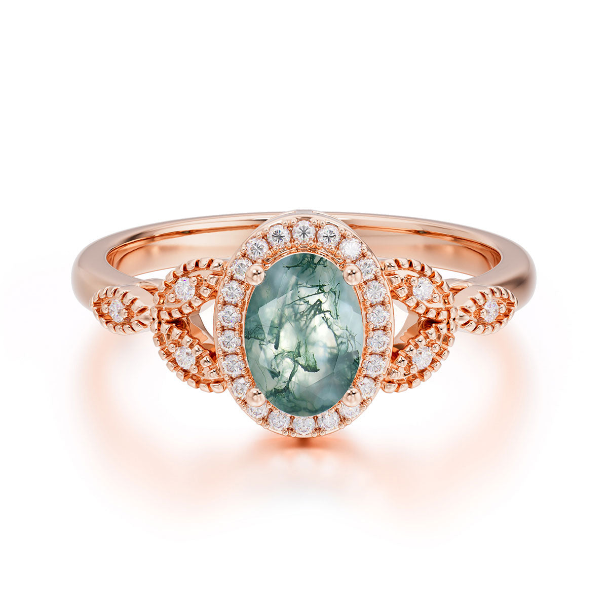1 Carat Oval Cut Moss Agate Halo Ring Anniversary Bead Edge Unique Leaf Ring