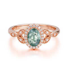 1 Carat Oval Cut Moss Agate Halo Ring Anniversary Bead Edge Unique Leaf Ring