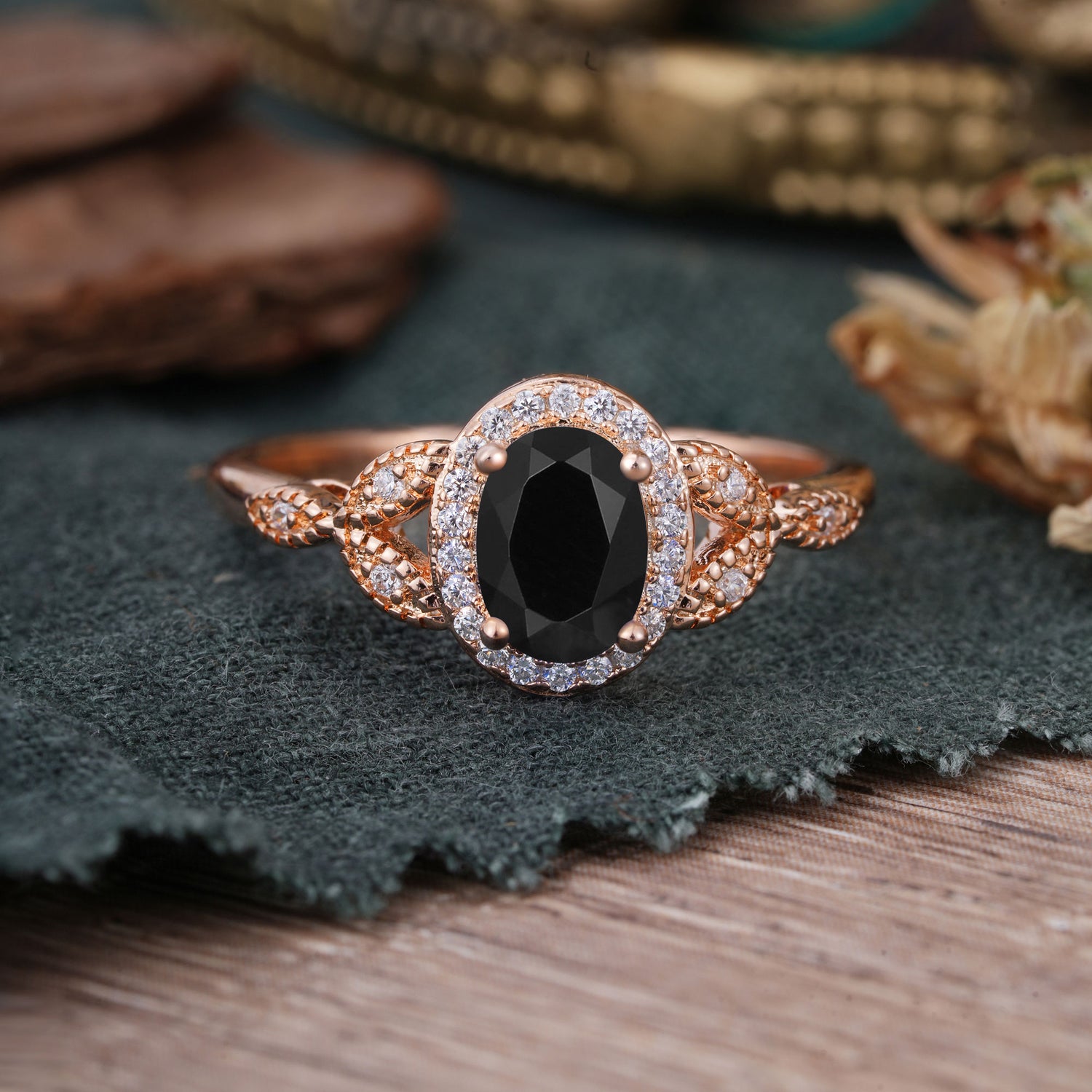 1 Carat Oval Cut Black Onyx Halo Bead Edge Unique Leaf Engagement Ring