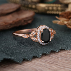 1 Carat Oval Cut Black Onyx Halo Ring Anniversary Bead Edge Unique Leaf Ring