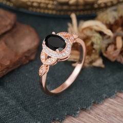 1 Carat Oval Cut Black Onyx Halo Ring Anniversary Bead Edge Unique Leaf Ring