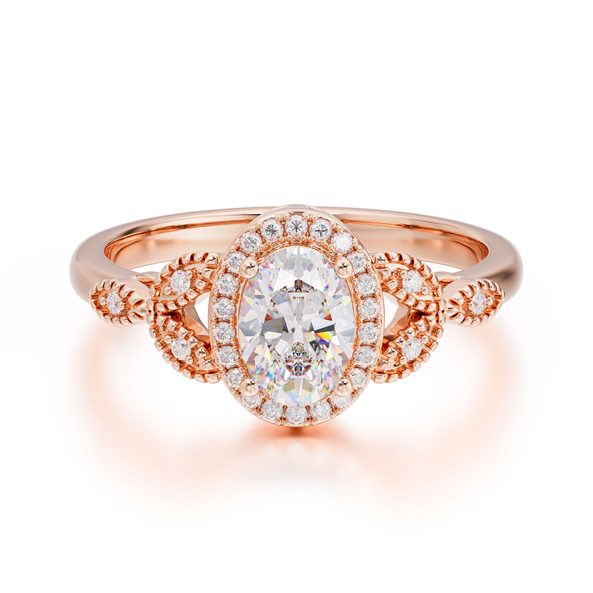 1 Carat Oval Cut Moissanite Halo Ring Anniversary Bead Edge Unique Leaf Ring