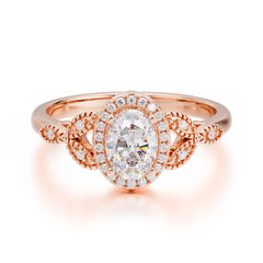 1 Carat Oval Cut Moissanite Halo Ring Anniversary Bead Edge Unique Leaf Ring