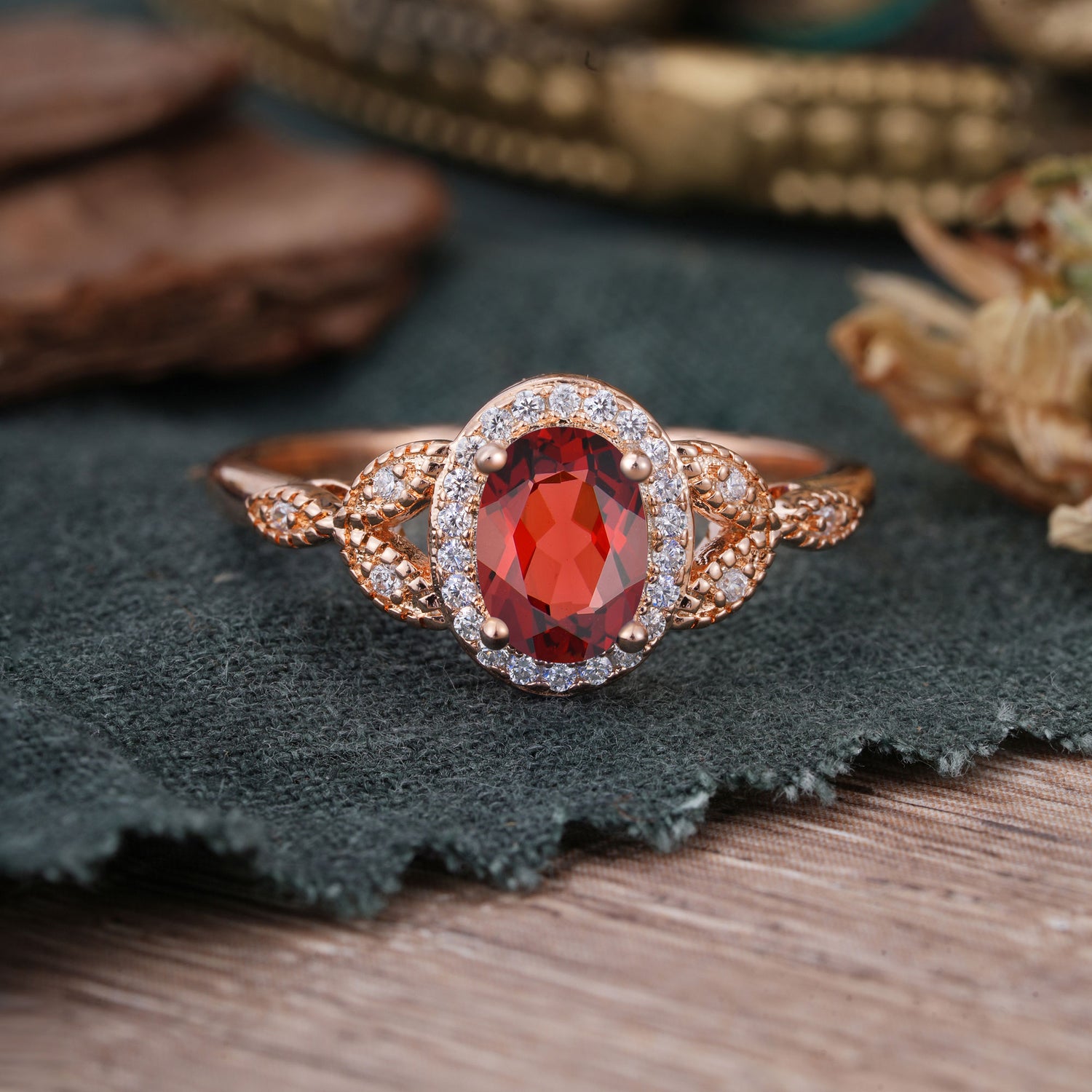 1 Carat Oval Cut Garnet Halo Bead Edge Unique Leaf Engagement Ring