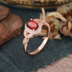 1 Carat Oval Cut Garnet Halo Ring Anniversary Bead Edge Unique Leaf Ring