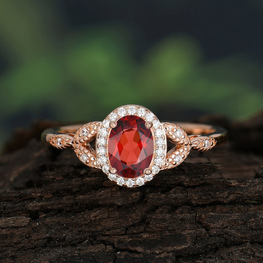 1 Carat Oval Cut Garnet Halo Ring Anniversary Bead Edge Unique Leaf Ring 1500