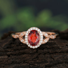 1 Carat Oval Cut Garnet Halo Ring Anniversary Bead Edge Unique Leaf Ring