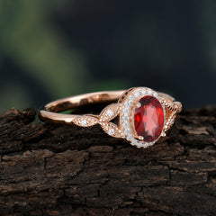 1 Carat Oval Cut Garnet Halo Ring Anniversary Bead Edge Unique Leaf Ring
