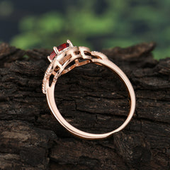 1 Carat Oval Cut Garnet Halo Ring Anniversary Bead Edge Unique Leaf Ring