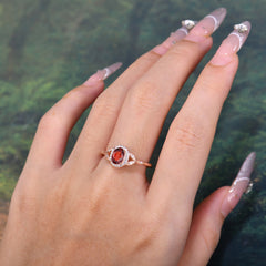 1 Carat Oval Cut Garnet Halo Ring Anniversary Bead Edge Unique Leaf Ring