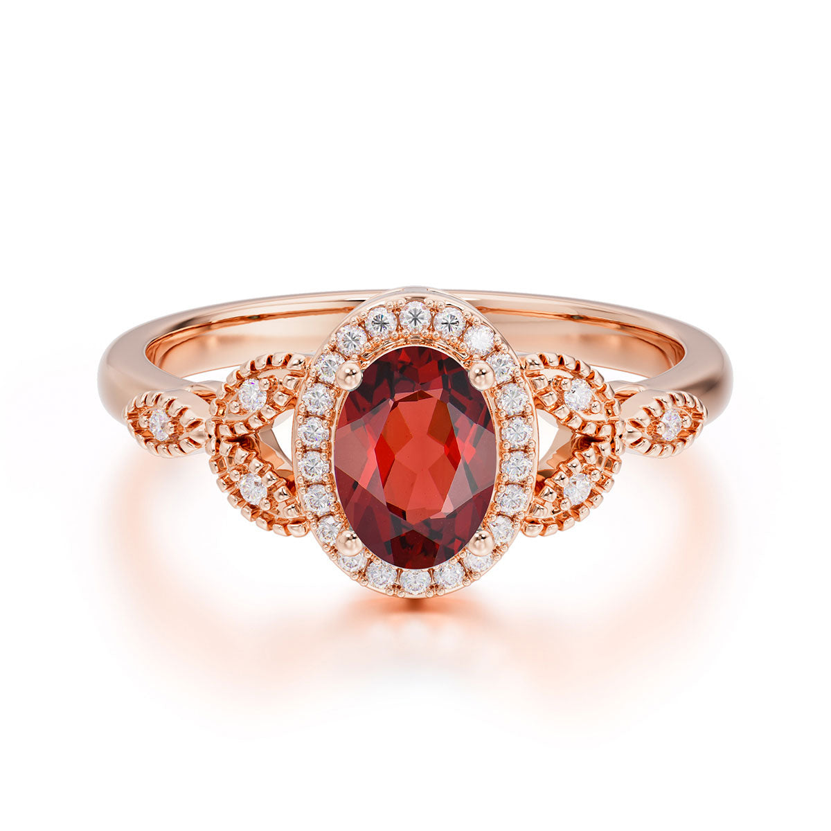 1 Carat Oval Cut Garnet Halo Ring Anniversary Bead Edge Unique Leaf Ring