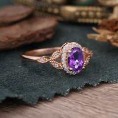 1 Carat Oval Cut Amethyst Halo Ring Anniversary Bead Edge Unique Leaf Ring