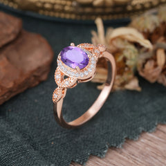1 Carat Oval Cut Amethyst Halo Ring Anniversary Bead Edge Unique Leaf Ring
