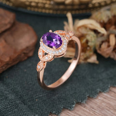 1 Carat Oval Cut Amethyst Halo Ring Anniversary Bead Edge Unique Leaf Ring