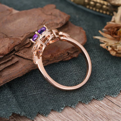 1 Carat Oval Cut Amethyst Halo Ring Anniversary Bead Edge Unique Leaf Ring