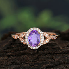 1 Carat Oval Cut Amethyst Halo Ring Anniversary Bead Edge Unique Leaf Ring