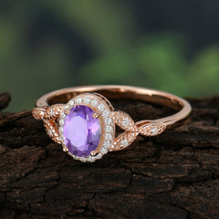 1 Carat Oval Cut Amethyst Halo Ring Anniversary Bead Edge Unique Leaf Ring