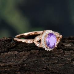 1 Carat Oval Cut Amethyst Halo Ring Anniversary Bead Edge Unique Leaf Ring