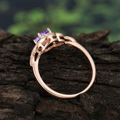 1 Carat Oval Cut Amethyst Halo Ring Anniversary Bead Edge Unique Leaf Ring