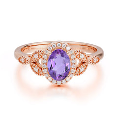 1 Carat Oval Cut Amethyst Halo Ring Anniversary Bead Edge Unique Leaf Ring
