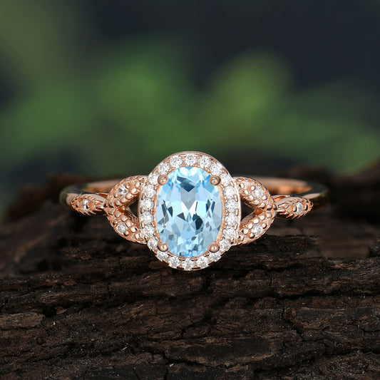1 Carat Oval Cut Aquamarine Halo Ring Anniversary Bead Edge Unique Leaf Ring 1500