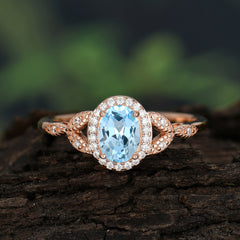 1 Carat Oval Cut Aquamarine Halo Ring Anniversary Bead Edge Unique Leaf Ring