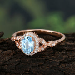 1 Carat Oval Cut Aquamarine Halo Ring Anniversary Bead Edge Unique Leaf Ring