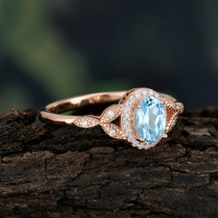 1 Carat Oval Cut Aquamarine Halo Ring Anniversary Bead Edge Unique Leaf Ring