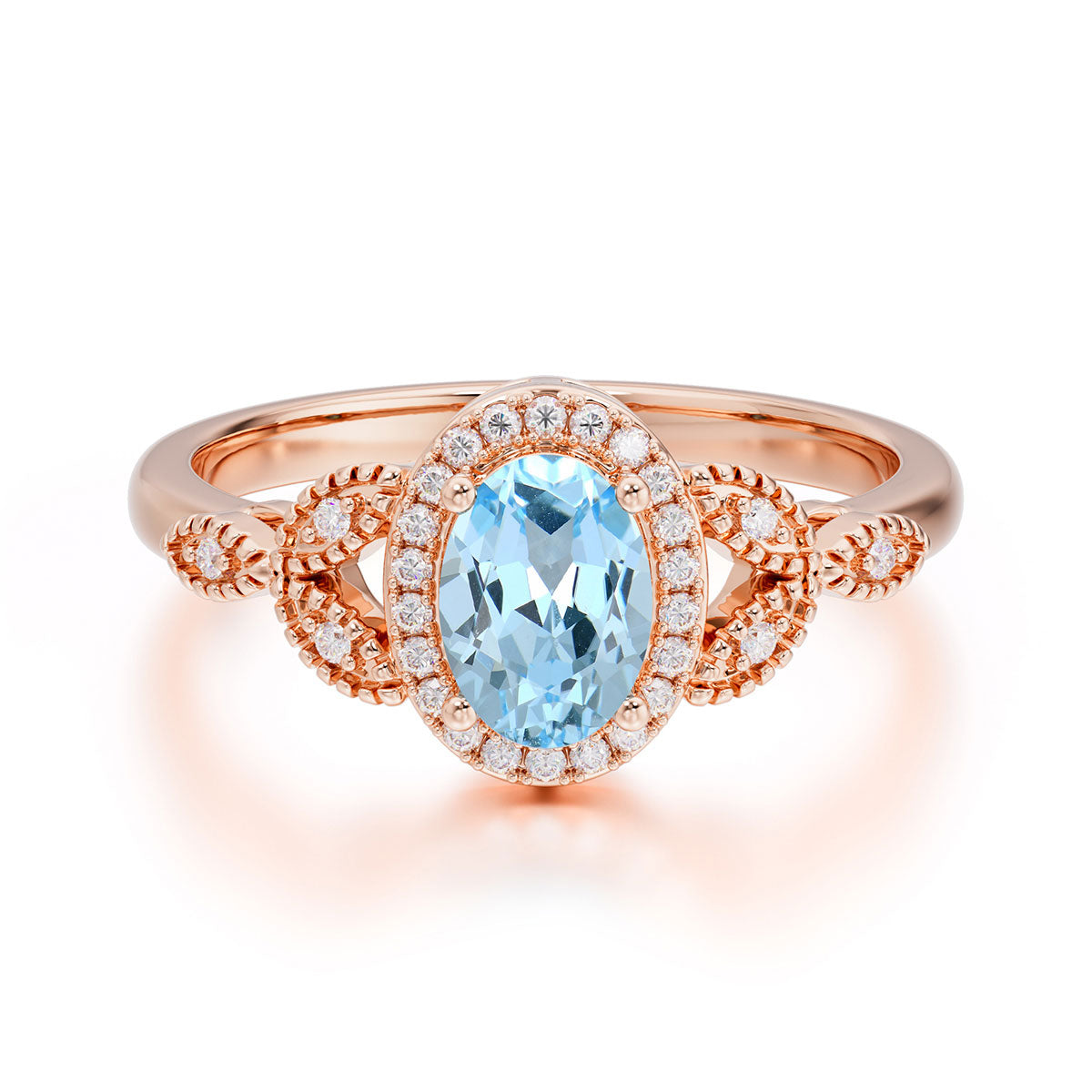 1 Carat Oval Cut Aquamarine Halo Ring Anniversary Bead Edge Unique Leaf Ring