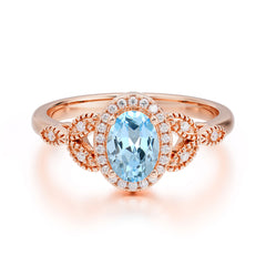 1 Carat Oval Cut Aquamarine Halo Ring Anniversary Bead Edge Unique Leaf Ring