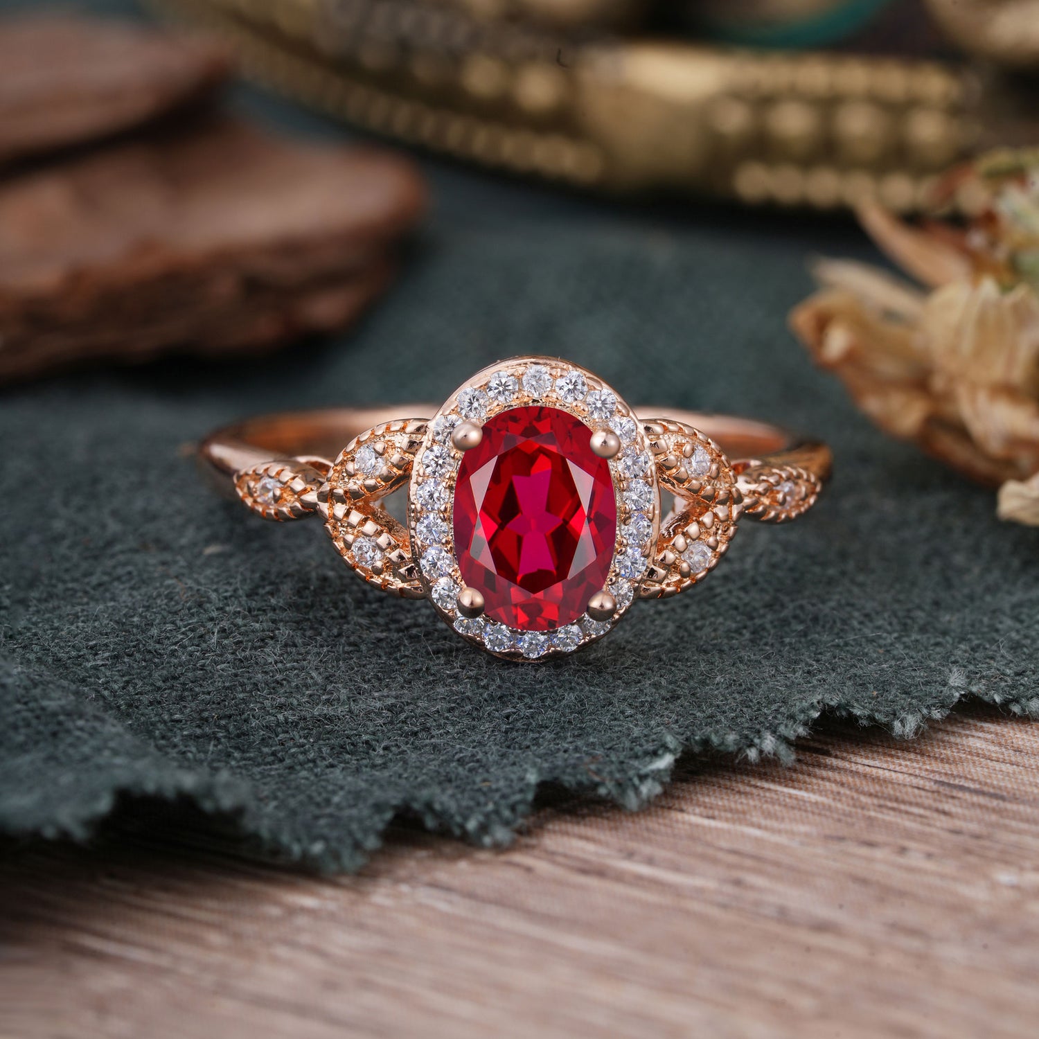 1 Carat Oval Cut Ruby Halo Bead Edge Unique Leaf Engagement Ring