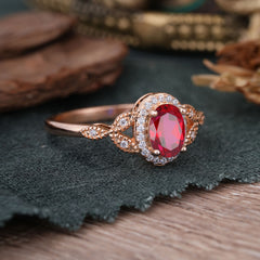 1 Carat Oval Cut Ruby Halo Ring Anniversary Bead Edge Unique Leaf Ring