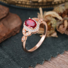 1 Carat Oval Cut Ruby Halo Ring Anniversary Bead Edge Unique Leaf Ring