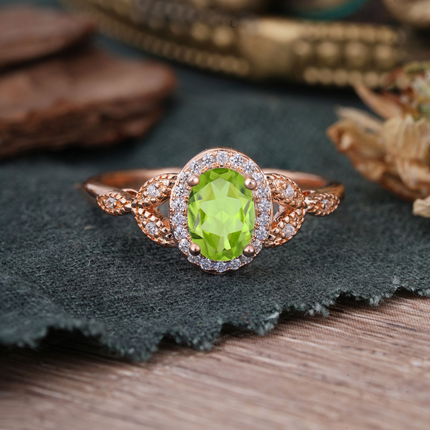 1 Carat Oval Cut Peridot Halo Bead Edge Unique Leaf Engagement Ring