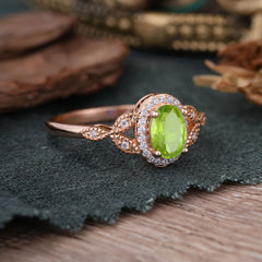 1 Carat Oval Cut Peridot Halo Ring Anniversary Bead Edge Unique Leaf Ring