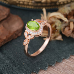 1 Carat Oval Cut Peridot Halo Ring Anniversary Bead Edge Unique Leaf Ring