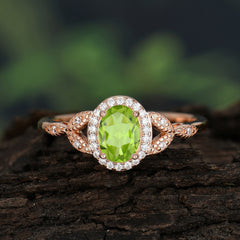1 Carat Oval Cut Peridot Halo Ring Anniversary Bead Edge Unique Leaf Ring