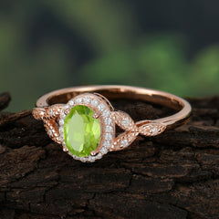 1 Carat Oval Cut Peridot Halo Ring Anniversary Bead Edge Unique Leaf Ring