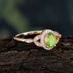 1 Carat Oval Cut Peridot Halo Ring Anniversary Bead Edge Unique Leaf Ring