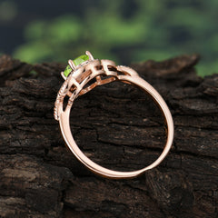1 Carat Oval Cut Peridot Halo Ring Anniversary Bead Edge Unique Leaf Ring