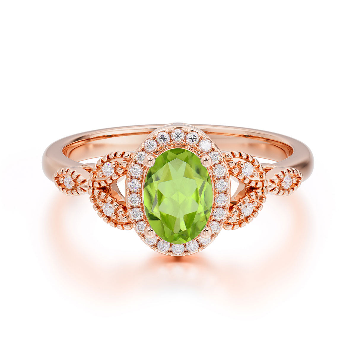 1 Carat Oval Cut Peridot Halo Ring Anniversary Bead Edge Unique Leaf Ring