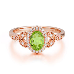 1 Carat Oval Cut Peridot Halo Ring Anniversary Bead Edge Unique Leaf Ring
