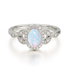 1 Carat Oval Cut Opal Halo Ring Anniversary Bead Edge Unique Leaf Ring