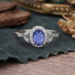 1 Carat Oval Cut Tanzanite Halo Ring Anniversary Bead Edge Unique Leaf Ring
