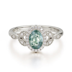1 Carat Oval Cut Moss Agate Halo Ring Anniversary Bead Edge Unique Leaf Ring